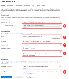 A screenshot of how to fill out the form to create a new App Service in the Azure portal.