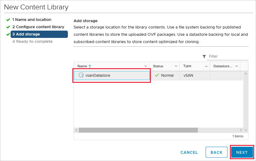 Screenshot showing the vsanDatastore storage location selected.