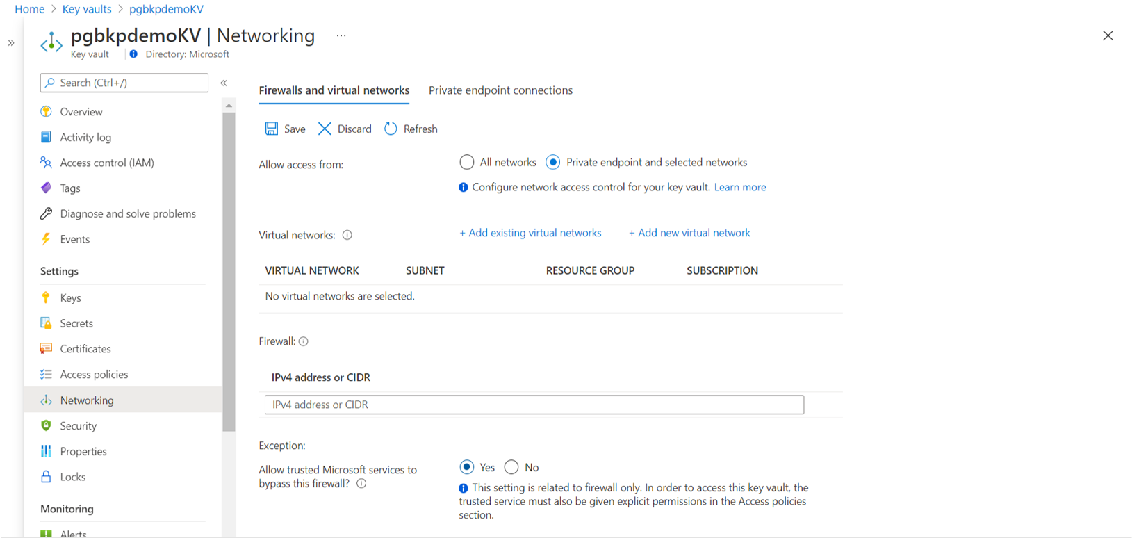 Screenshot showing to set the Allow trusted Microsoft services flag to yes for Network line of sight access on the key vault.