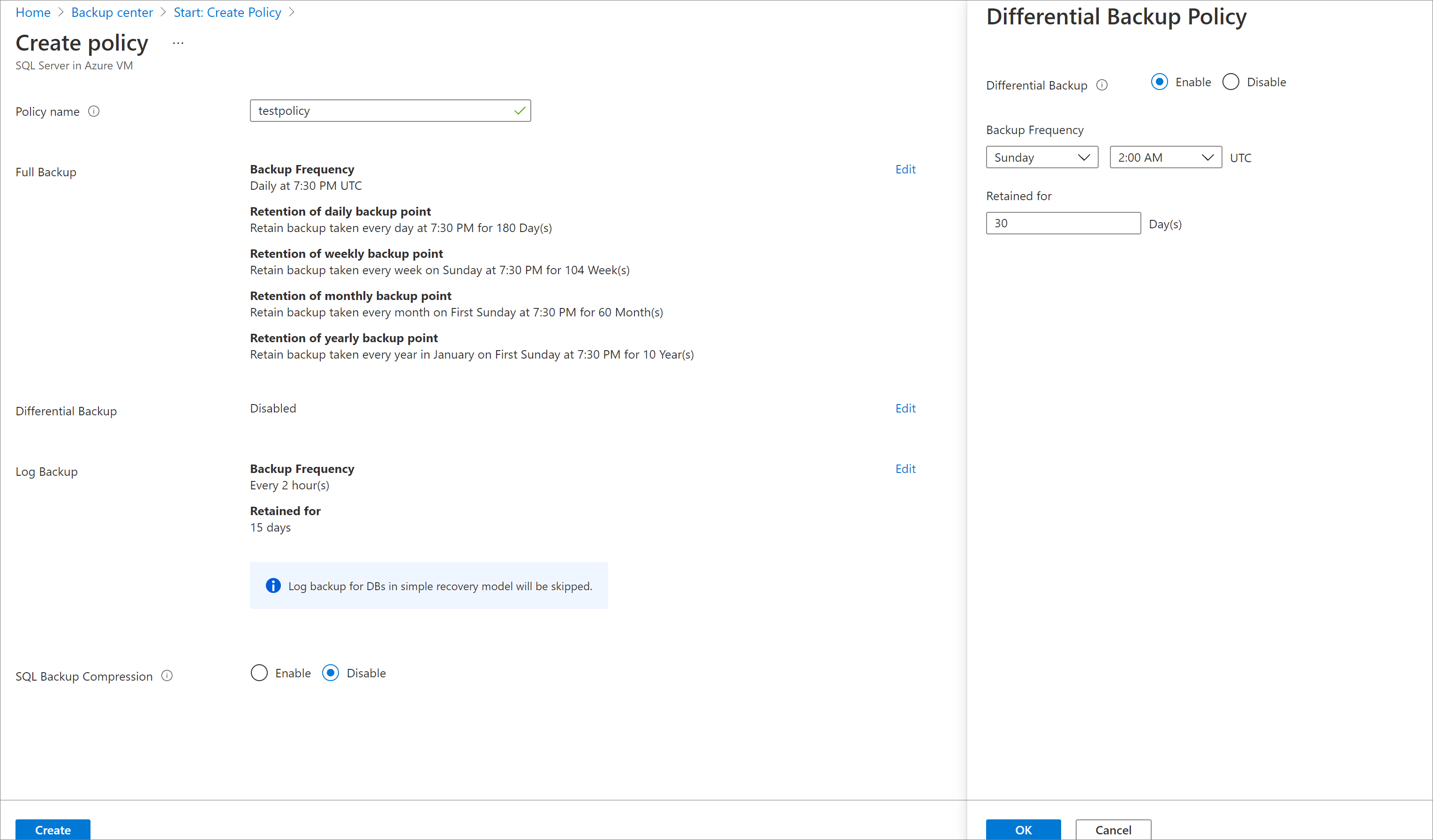 Screenshot showing the differential Backup policy.