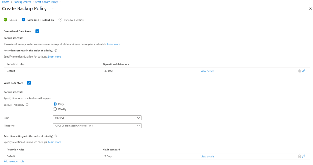 Screenshot shows how to configure vaulted blob backup schedule and retention.