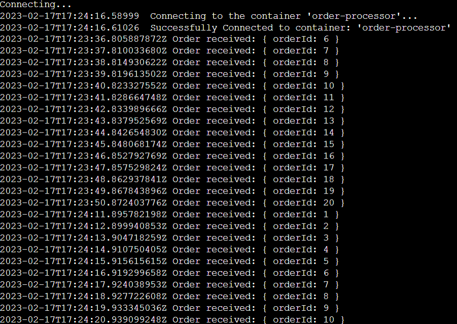Screenshot of the order processor service container's log stream in the Azure portal.