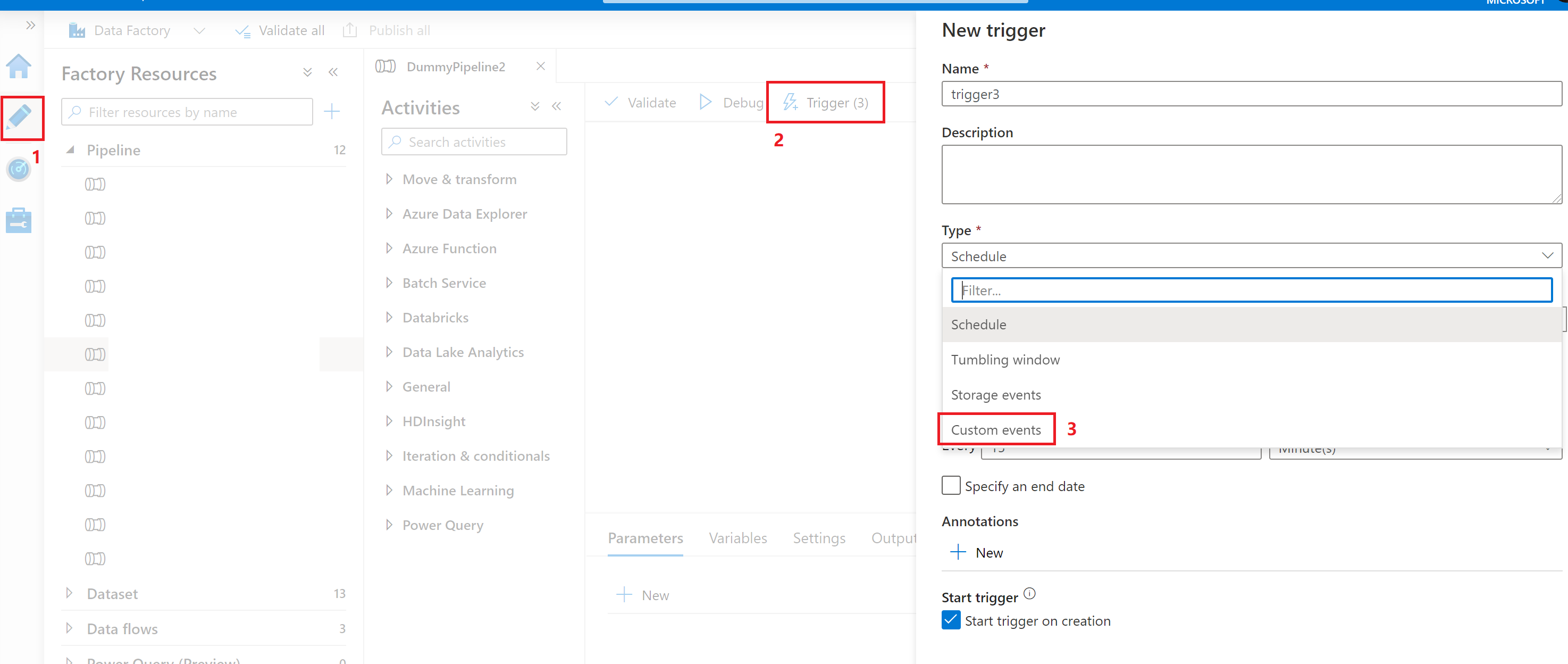 Screenshot that shows creating a new custom event trigger in the Data Factory UI.