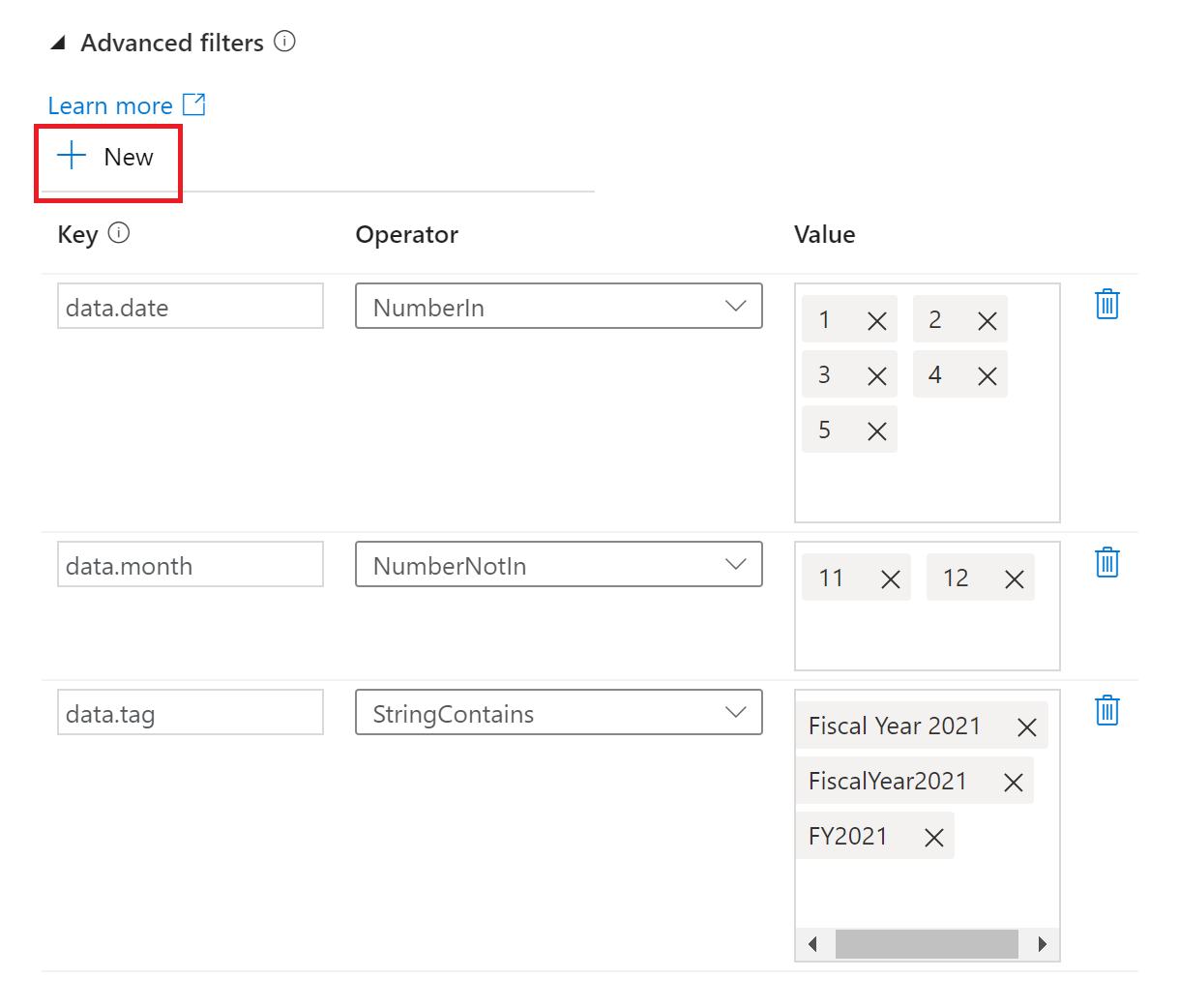 Screenshot that shows setting advanced filters for a customer event trigger.