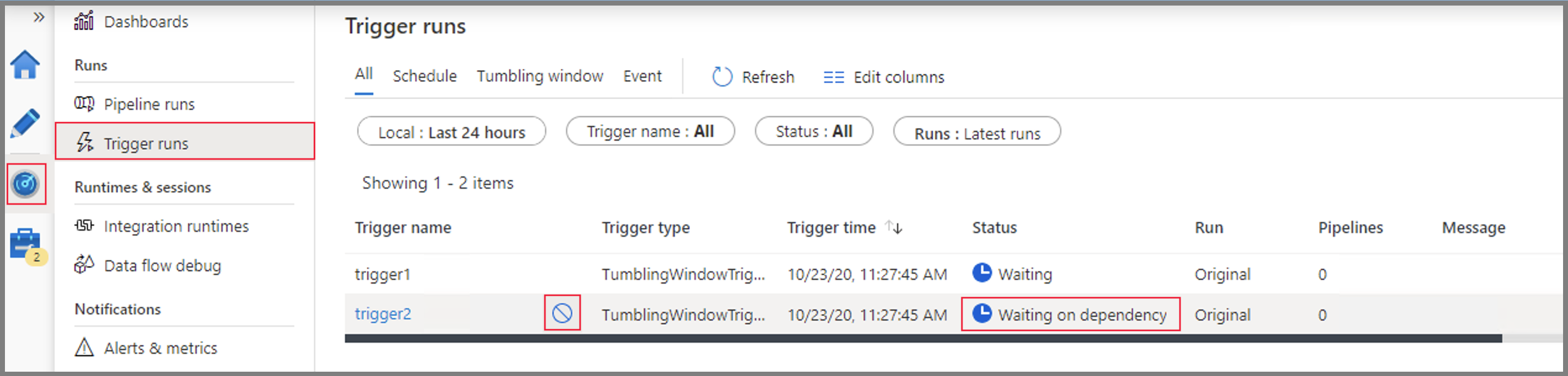 Screenshot that shows canceling a tumbling window trigger from the Monitoring page in Data Factory.