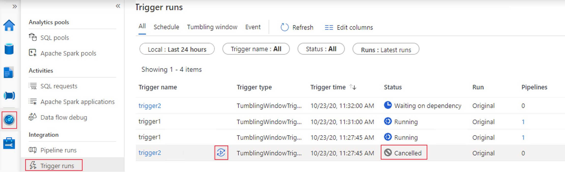 Screenshot that shows rerunning a tumbling window trigger for previously canceled runs in Azure Synapse.