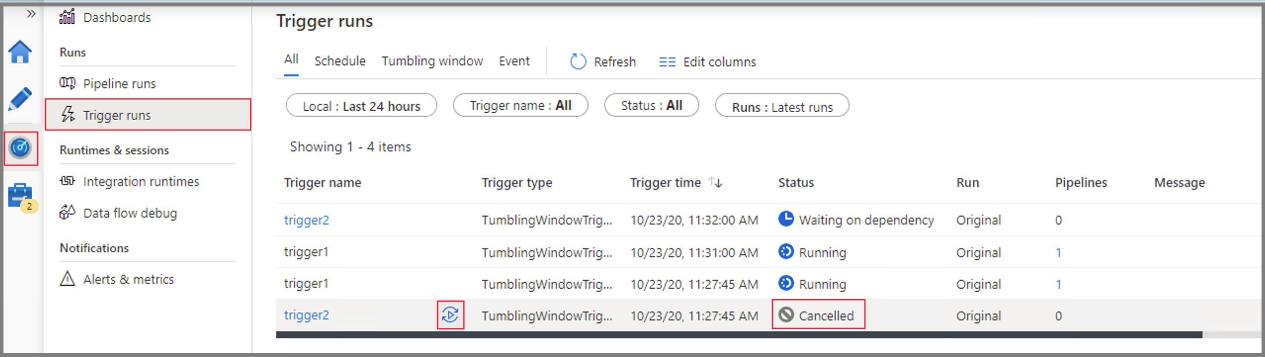 Screenshot that shows rerunning a tumbling window trigger for previously canceled runs in Data Factory.