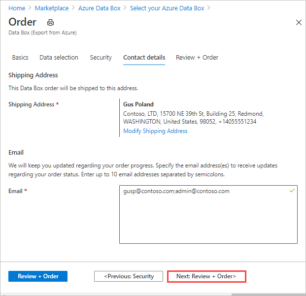 Screen capture showing the results of adding a new shipping address on the Contact details tab of a Data Box export order.