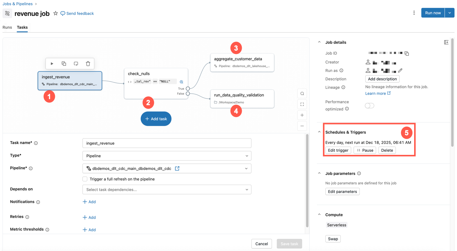 An example showing a job in the UI with 4 tasks and a trigger to run daily.