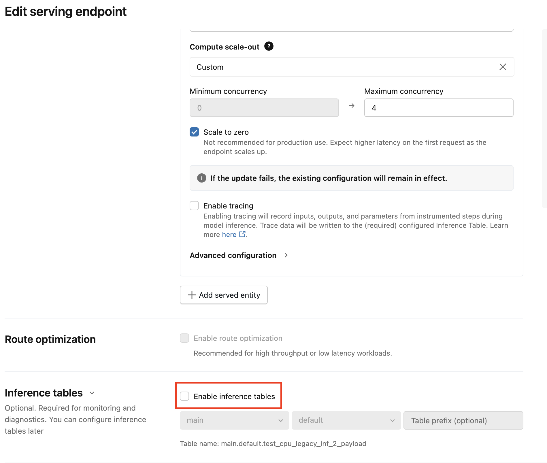 Example screenshot for disabling the legacy inference table