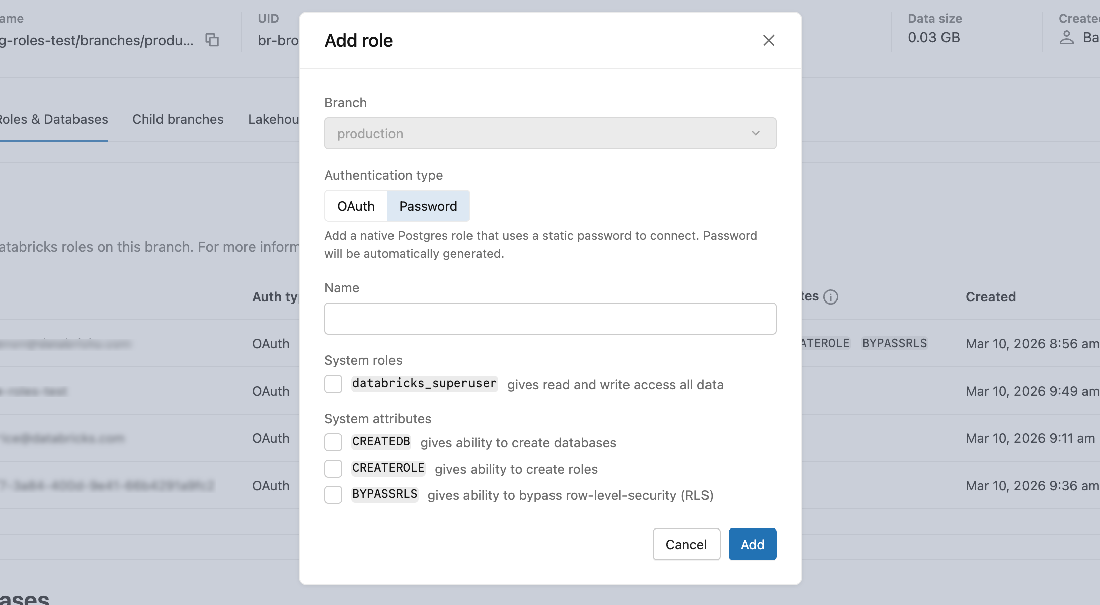 Add role — Password tab