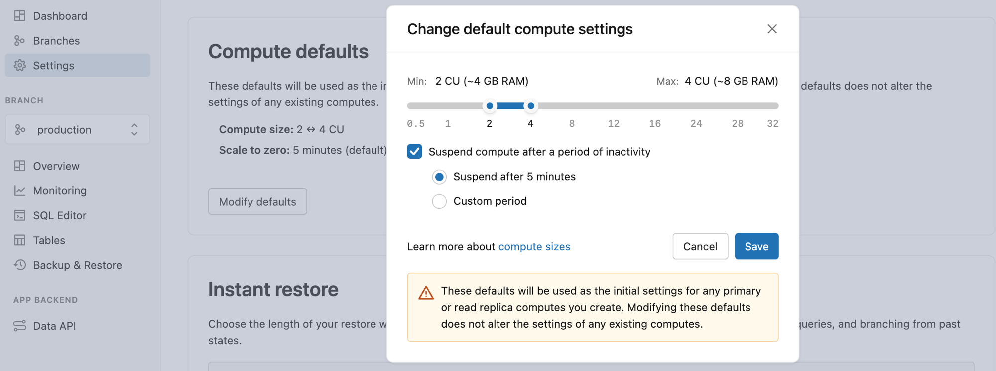 Compute defaults settings
