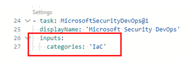 Screenshot that shows where to add the IaC categories line in the pipeline configuration YAML file.