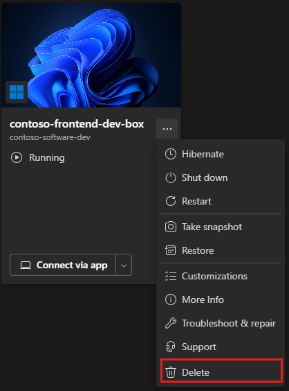 Screenshot of the dev box Actions menu with the Delete command.