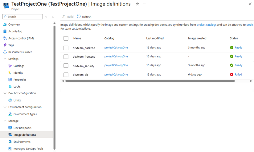 Screenshot of the Azure portal pane showing image definitions available for a project.