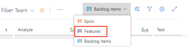 Choose portfolio backlog level, Features or Epics