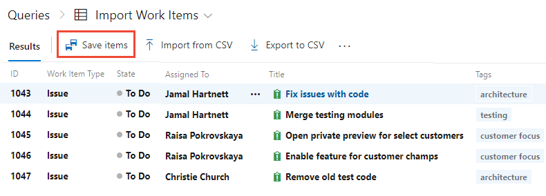 Screenshot showing Import Work Items, Save Items.