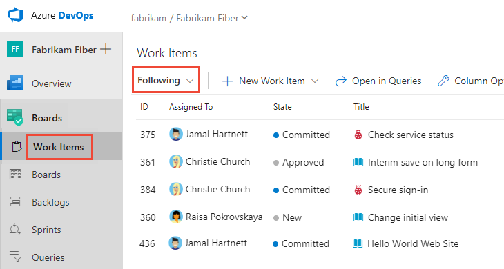 Boards>Work Items, and pivot to Following.