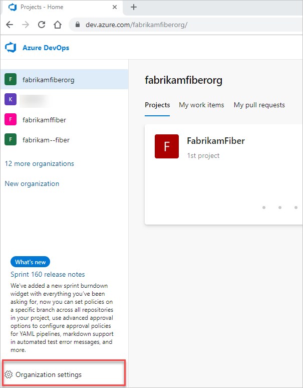 Screenshot showing Opening Organization settings.