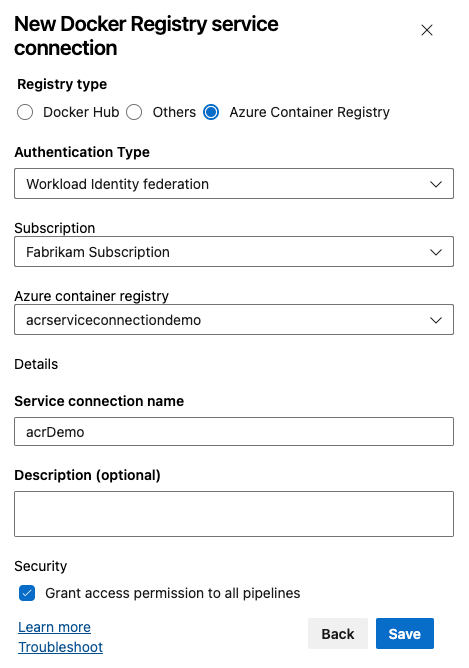 A screenshot showing how to set up a docker registry service connection for workload identity federation.