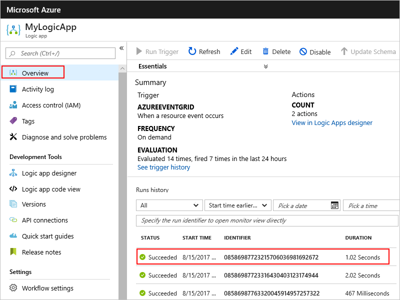 Screenshot of logic app's overview page, showing a successful run selected.