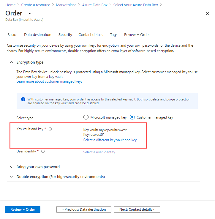 Screenshot of the Security tab for a Data Box import order. A key vault and key are highlighted in the Encryption type settings.