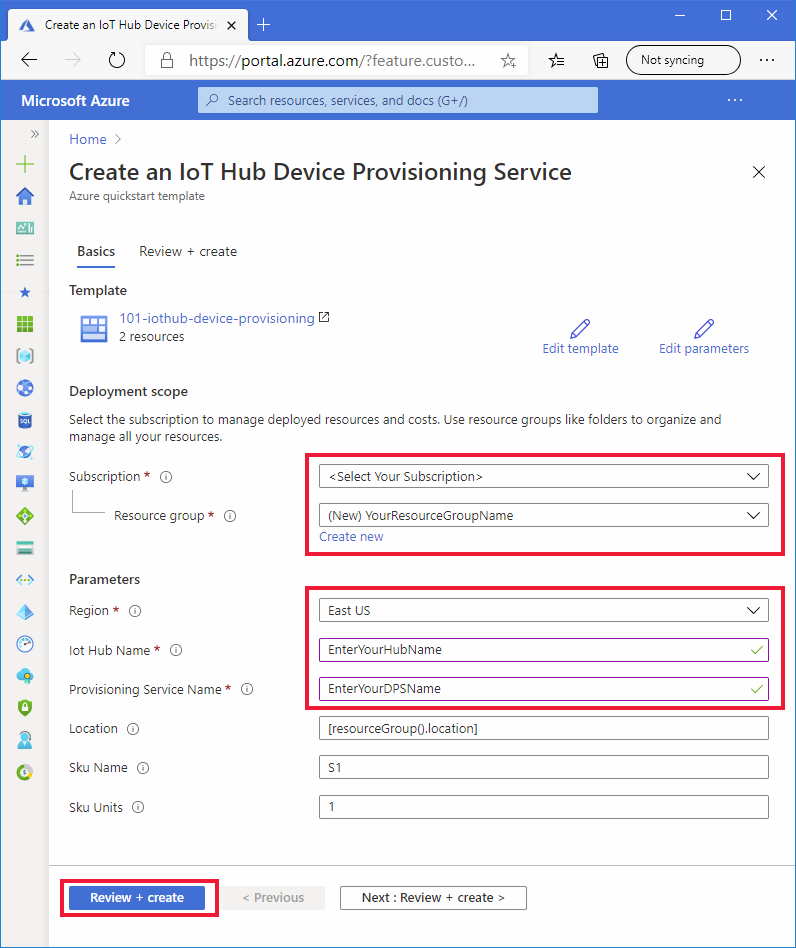 ARM template deployment parameters on the portal