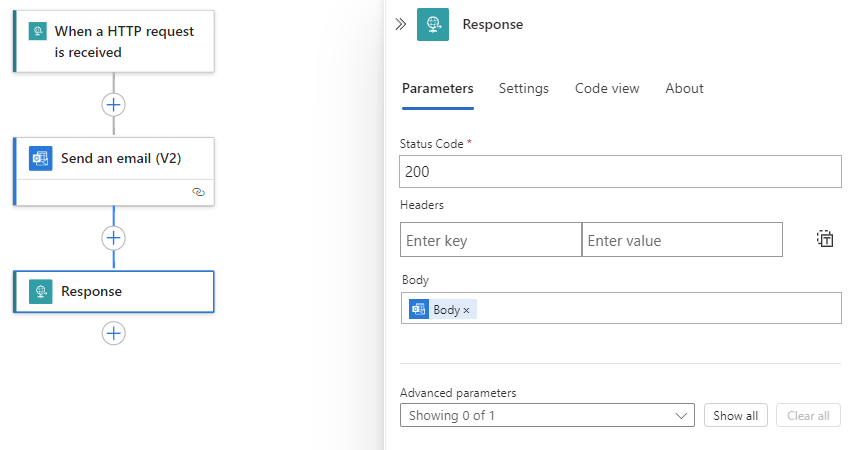 Screenshot shows workflow designer, Response information pane, and Body parameter set to Body output from the action named Send an email.