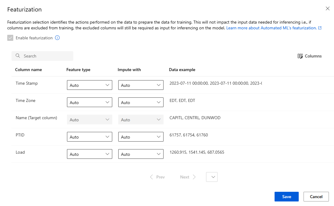 Screenshot showing Azure Machine Learning studio custom featurization.