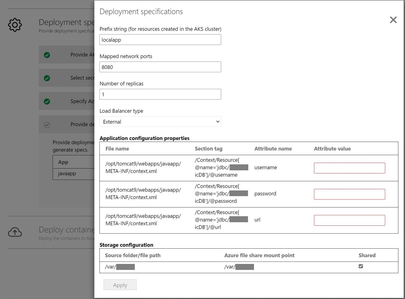 Screenshot for deployment app configuration.