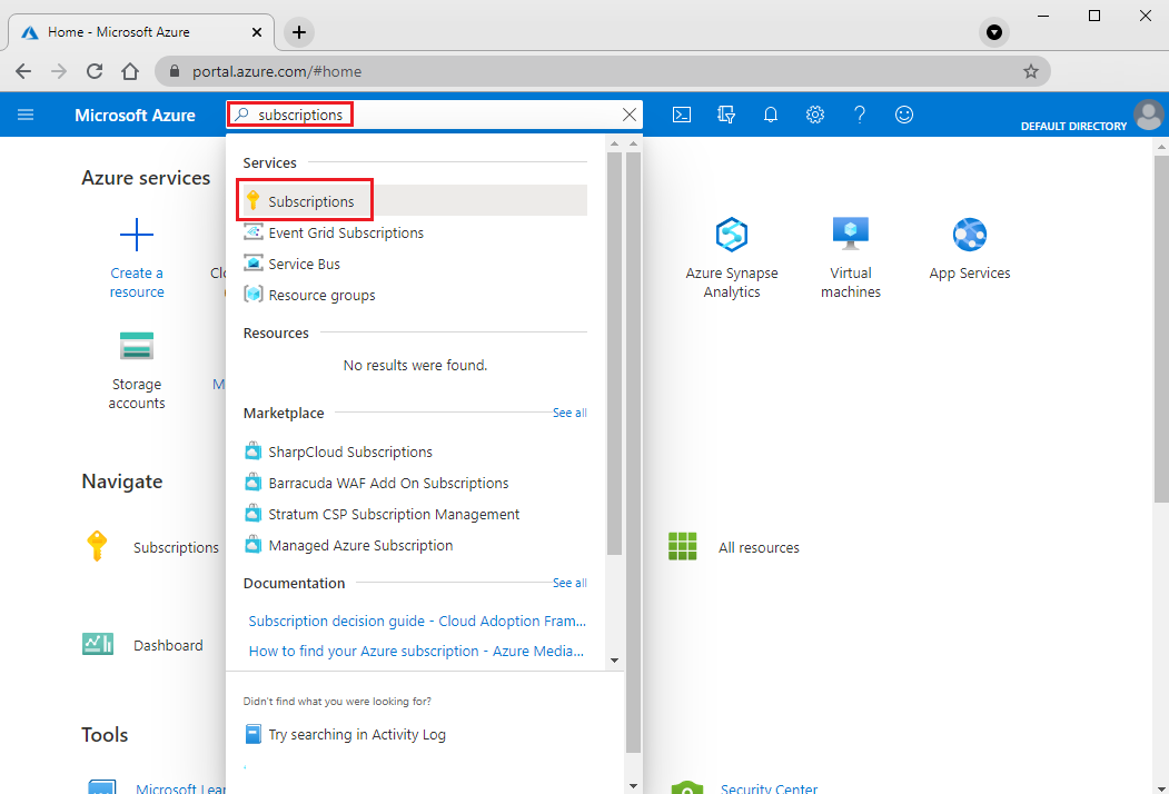 Screenshot that shows how to search for an Azure subscription in the search box.