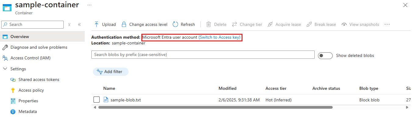 Screenshot showing user currently accessing containers with Microsoft Entra account