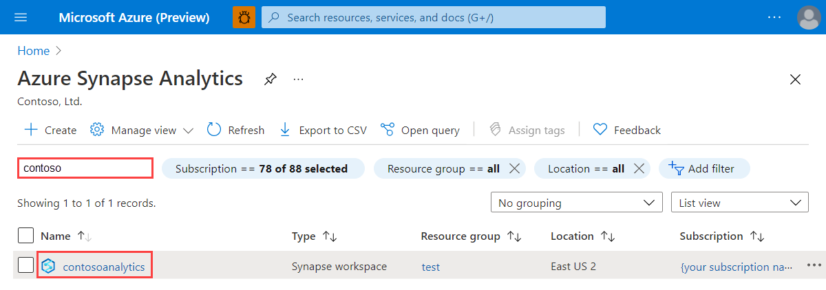 Listing of Synapse workspaces filtered to show those containing the name Contoso.