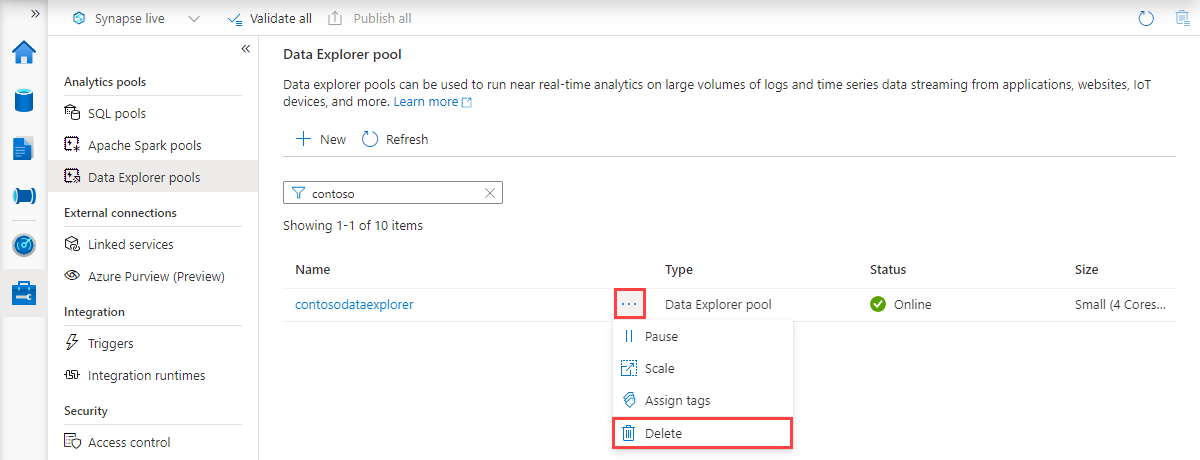 Listing of Data Explorer pools, with the recently created pool selected.