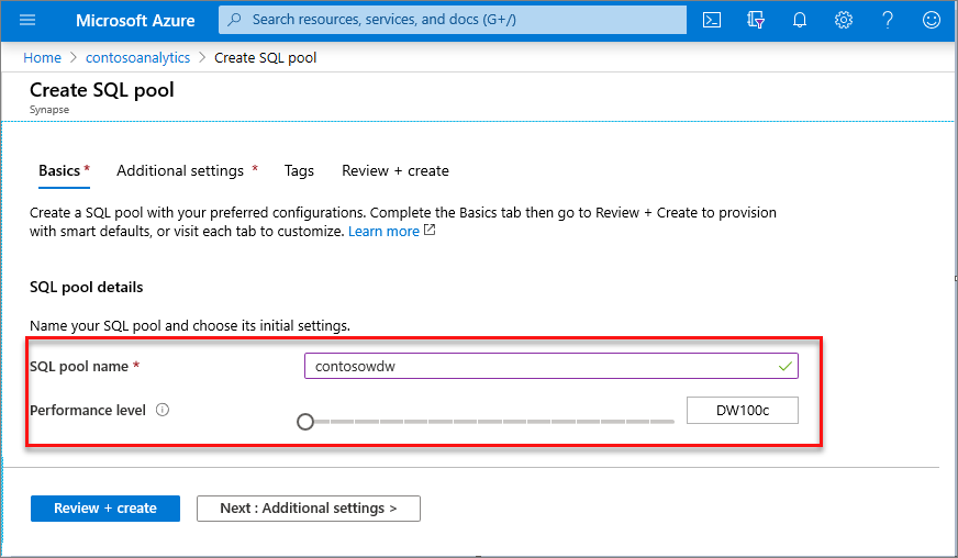 Dedicated SQL pool create flow - basics tab.