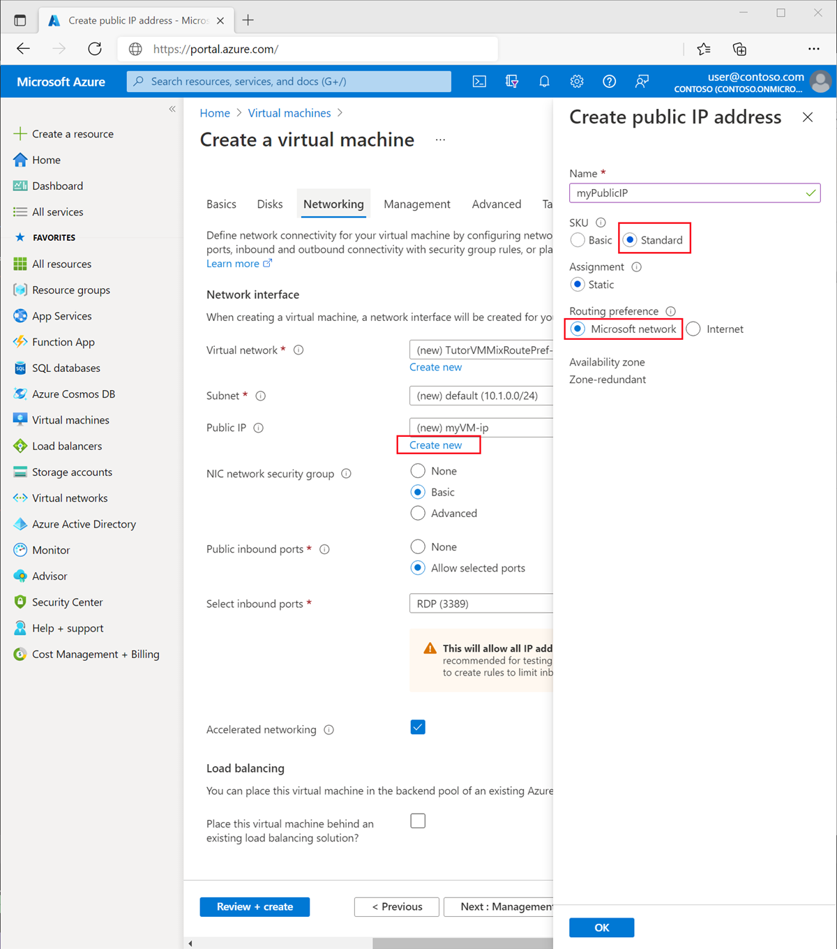 Screenshot of create public IP address with Microsoft routing preference.