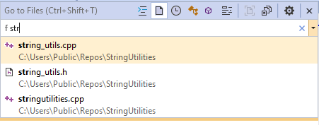 Go To Menu Screenshot of Go to Files results. The user typed 'f str' and string_utils.cpp and string_utils.h appear because they contain str in the name.