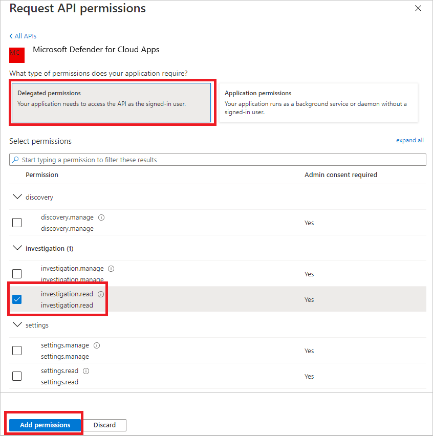 Screenshot showing how to add application permissions.