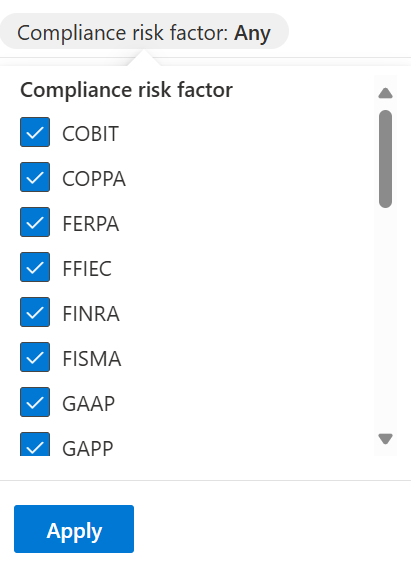 Screenshot showing the compliance risk factors