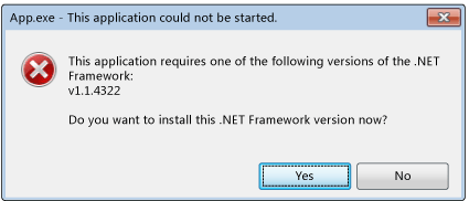 Typical error message for initialization errors .NET Framework Initialization Error dialog box