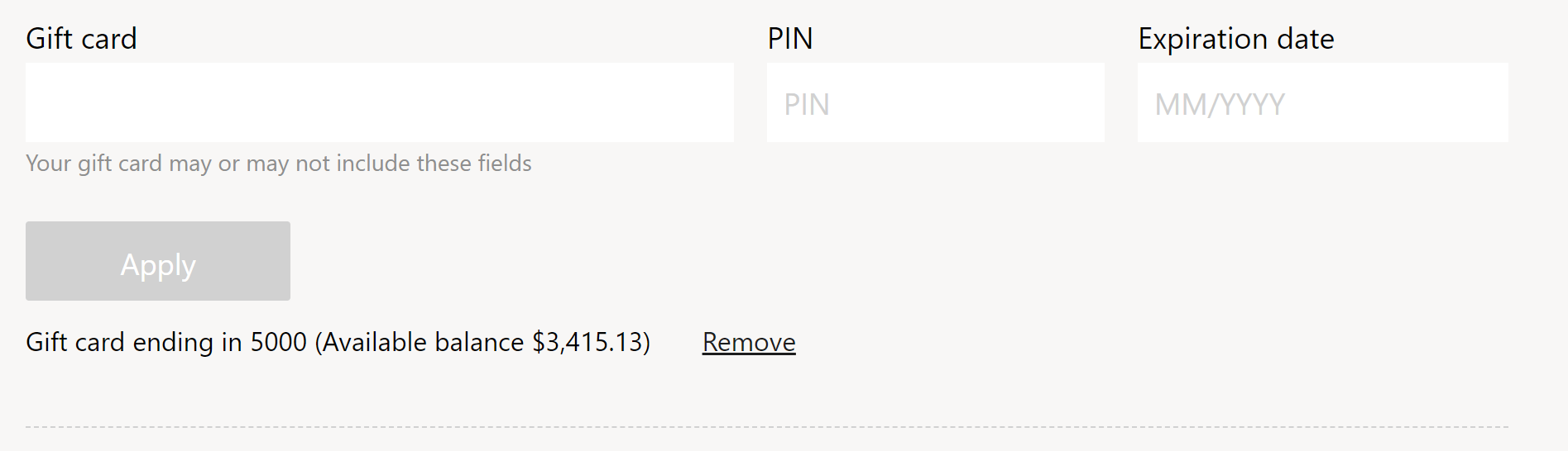 Screenshot of a gift card module.