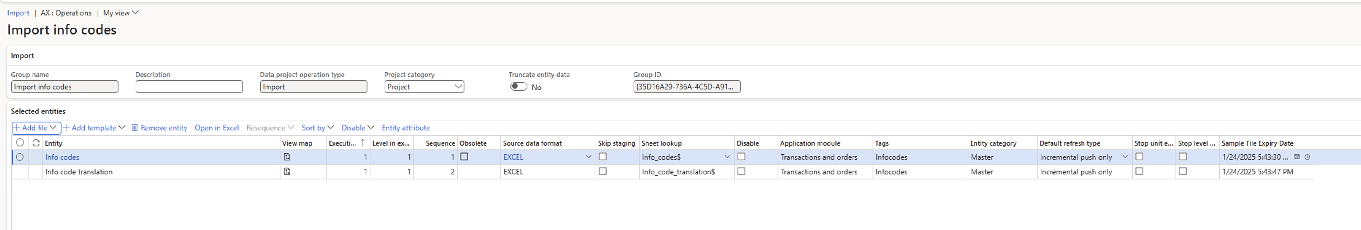 Screenshot of the import info codes form.