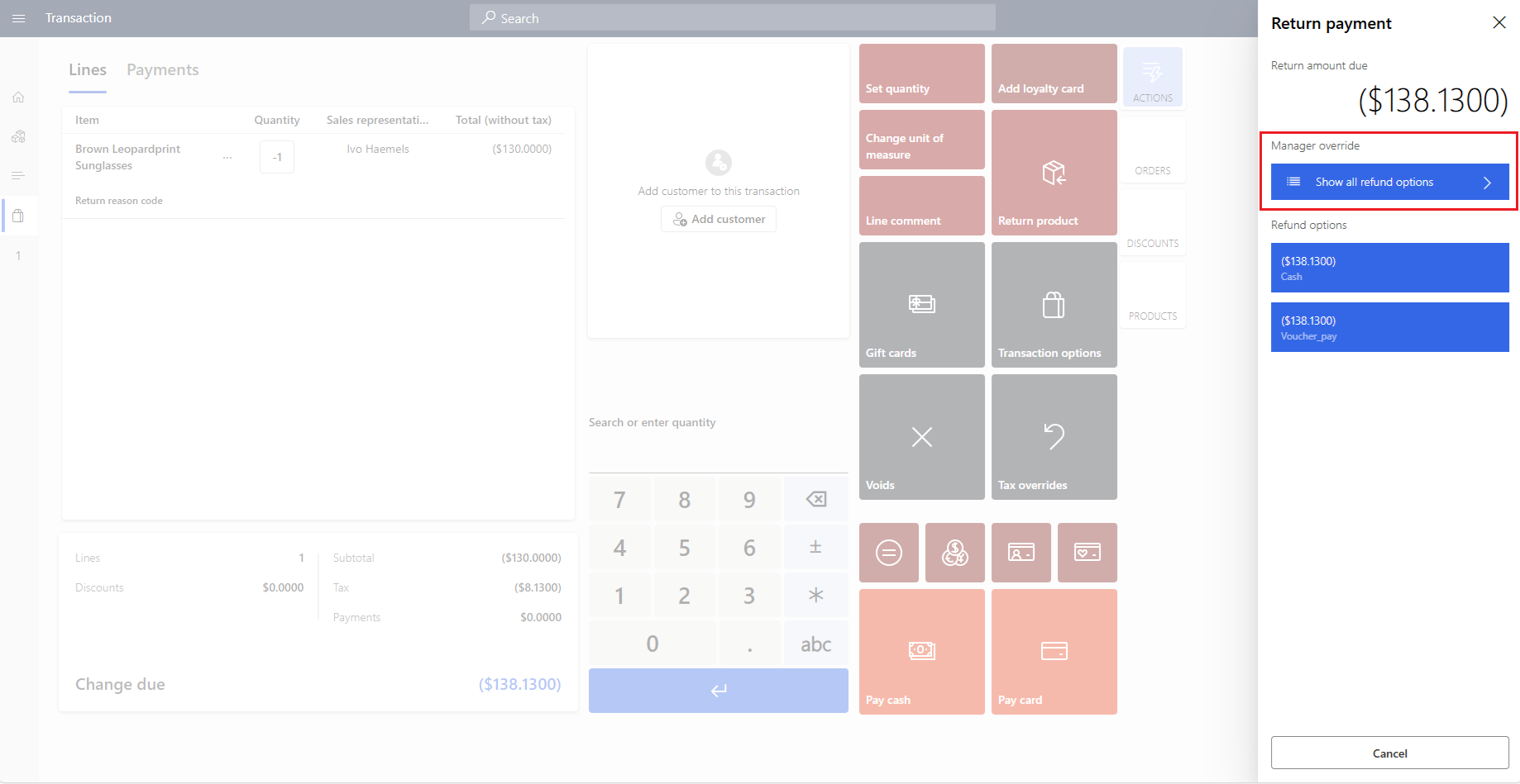 POS Return payment dialog with Show all refund options highlighted