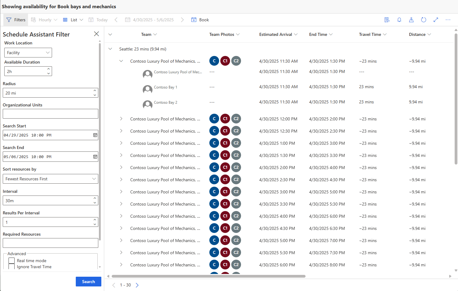 Tangkapan skrin papan jadual dengan slot tempahan yang tersedia untuk teluk dan kumpulan mekanik.
