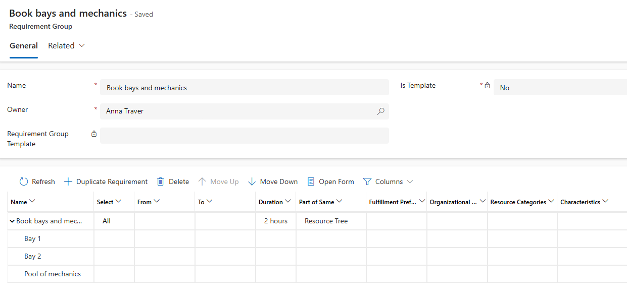 Tangkapan skrin kumpulan keperluan yang menunjukkan dua teluk dan kumpulan mekanik.