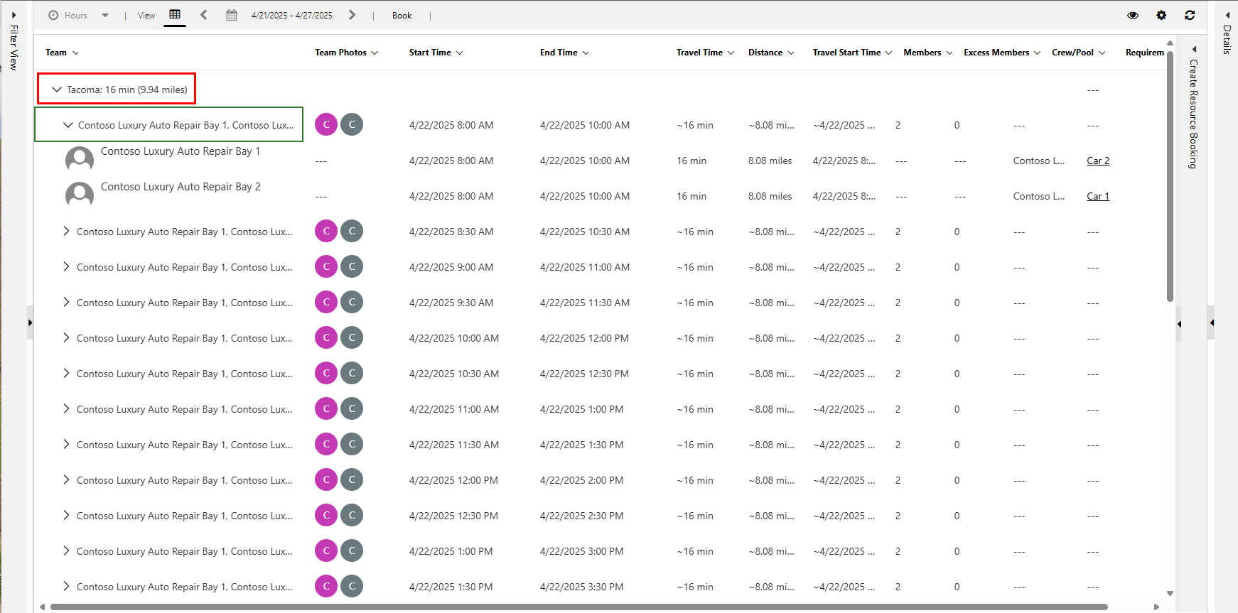 Tangkapan skrin hasil pembantu jadual yang menunjukkan pasangan dua ruang setiap satu di lokasi yang sama.