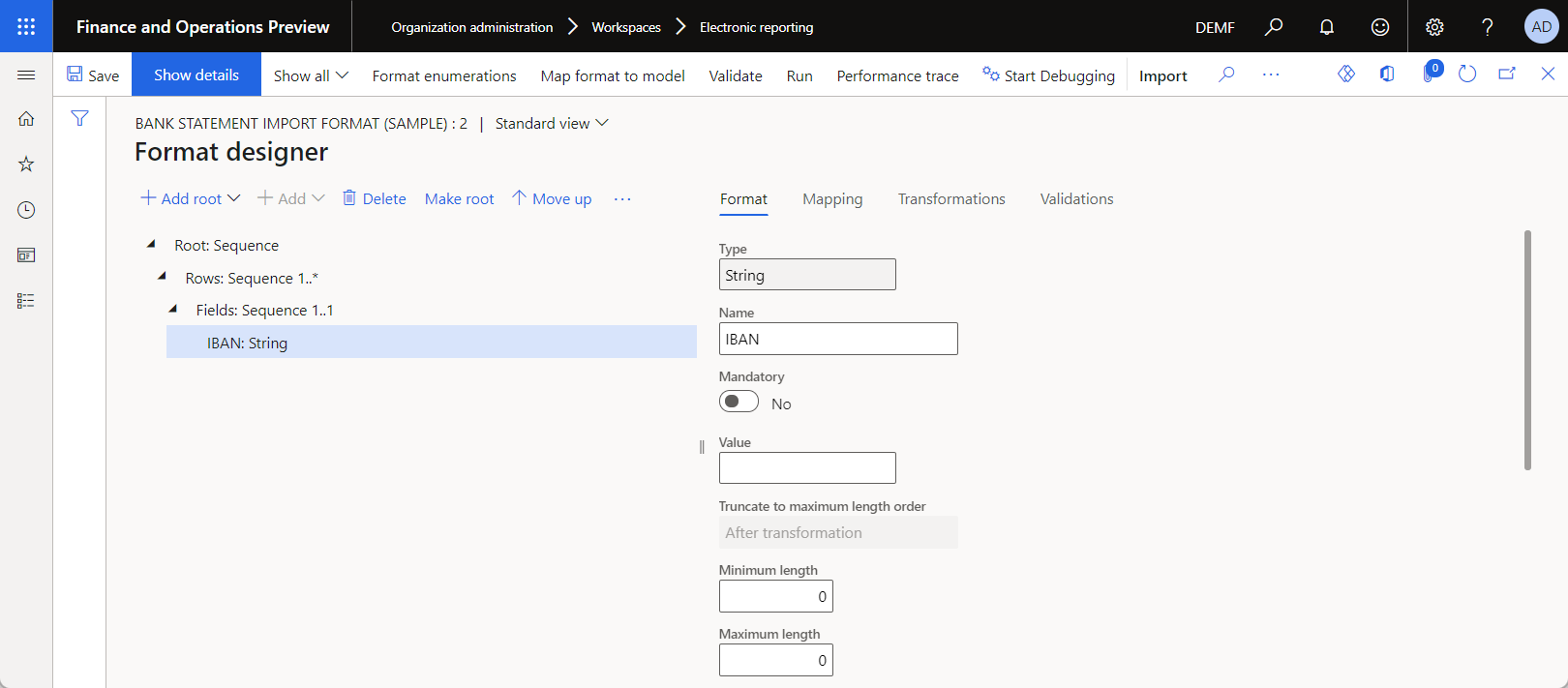 Bank statement import format (sample) format configuration on the Format designer page.