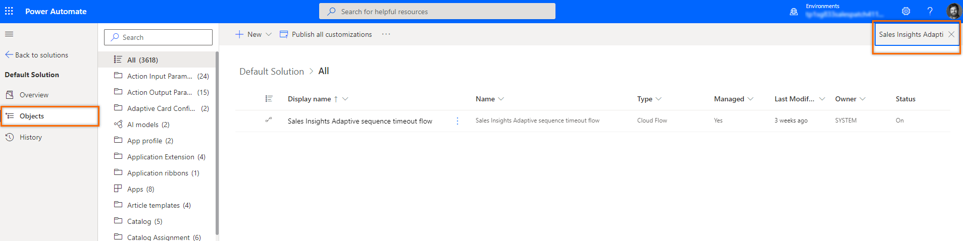 Tangkapan skrin mencari dan memilih aliran tamat masa jujukan penyesuaian Sales Insights.