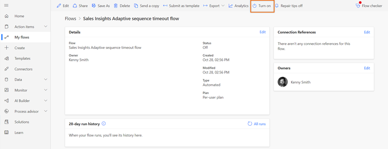 Tangkapan skrin mendayakan aliran tamat masa jujukan Adaptif Sales Insights dalam Power Automate.