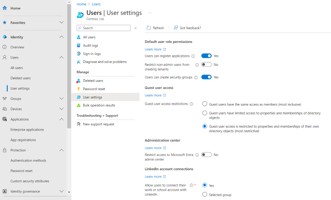 Screenshot showing the External users option in the user settings.